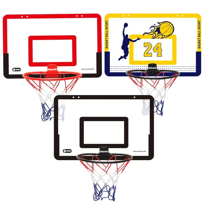 Kids wall-hanging basketball hoop set with red, black, and yellow/blue boards no-drill mounting on Tampa Home & Garden Store