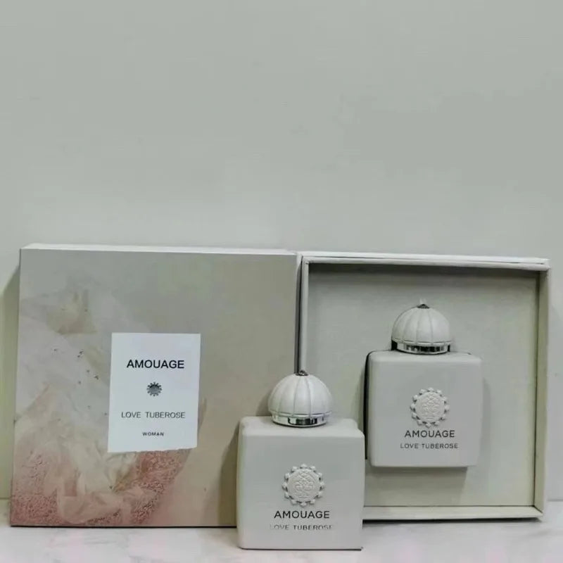 AMOUAGE Love Tuberose perfume set; two white square bottles with dome caps in a beige box on Tampa Home & Garden Store