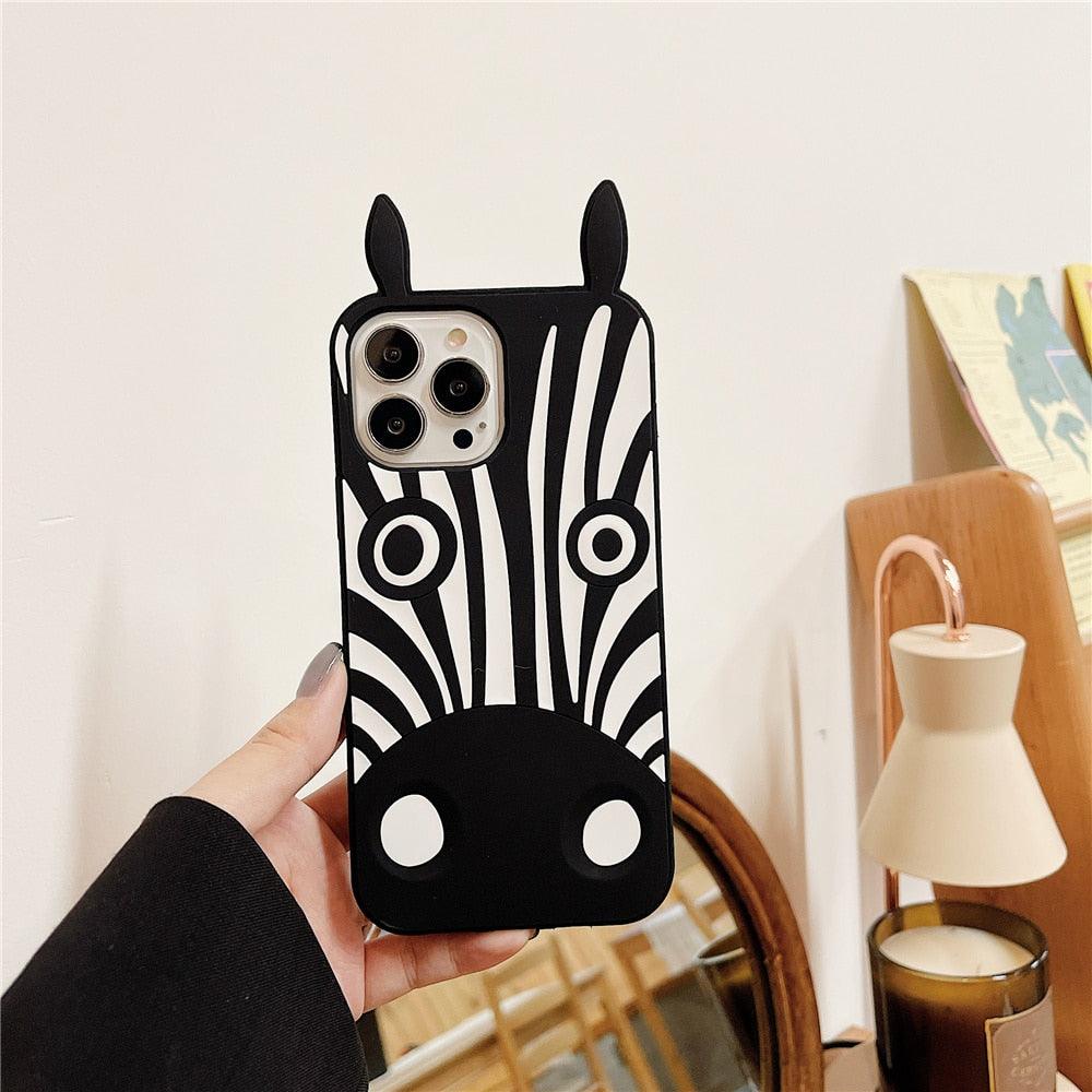 Stevvex 3D dog-ear silicone case in black-white zebra with round eye accents for iPhone 13 Pro on Tampa Home & Garden Store