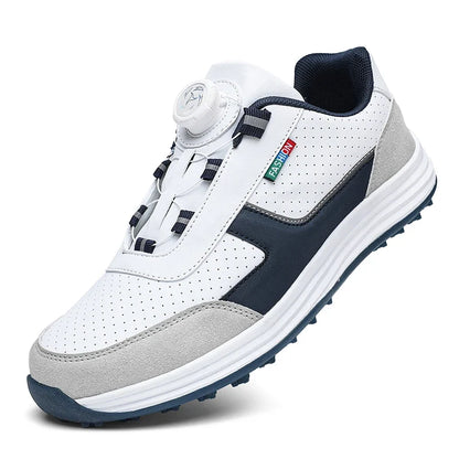 Golf Shoes EstaliosFit unisex anti-slip outdoor golf shoes in white with gray suede and navy accents on Tampa Home & Garden Store