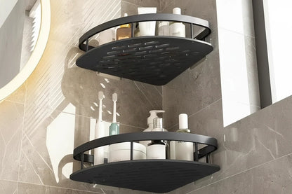 Black stainless-steel tension shower caddy corner shelf with two circular perforated shelves on Tampa Home & Garden Store