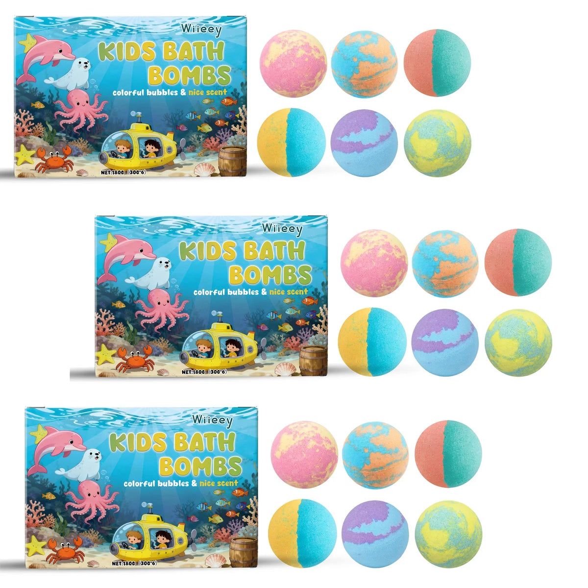 Silcy Skin Kids Bath Bombs set, six colorful spheres beside ocean-themed box; 3 packs on Tampa Home & Garden Store