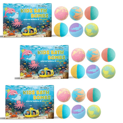 Silcy Skin Kids Bath Bombs set, six colorful spheres beside ocean-themed box; 3 packs on Tampa Home & Garden Store