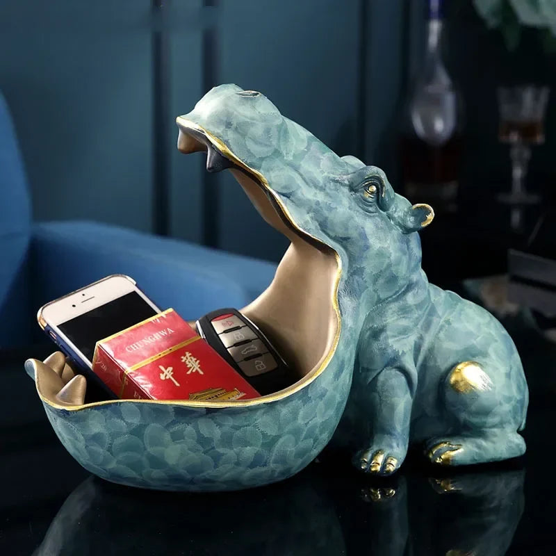Perfecsy teal hippo candy storage statue with gold trim, decorative table decor container on Tampa Home & Garden Store