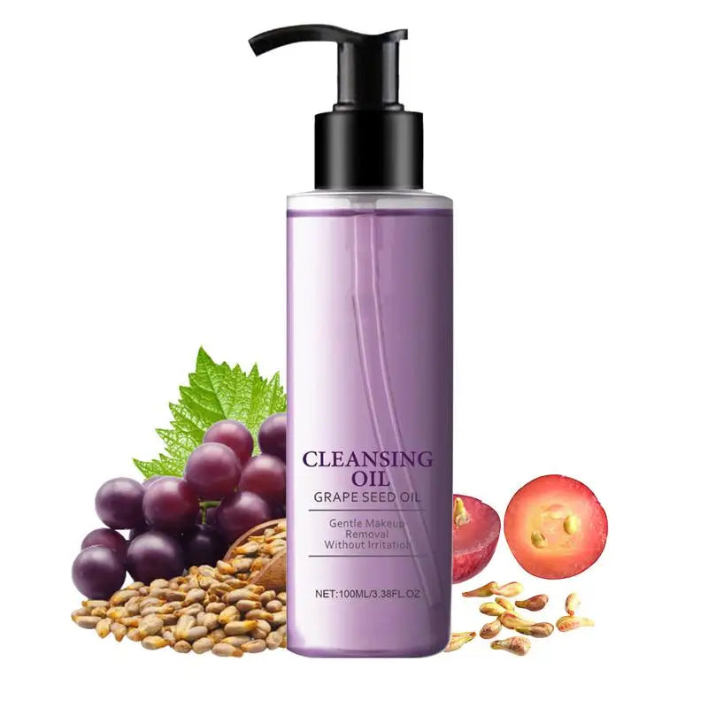 Silcy Skin cleansing oil bottle, purple grape seed oil cleanser with pump, grapes beside on Tampa Home & Garden Store