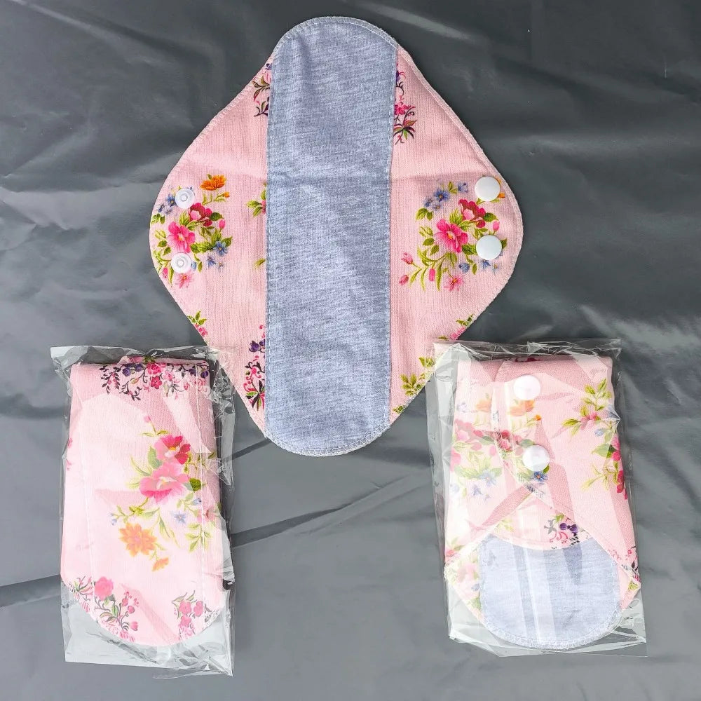 Silcy Skin reusable cloth menstrual pad set pink floral with blue-gray center 3-piece on Tampa Home & Garden Store