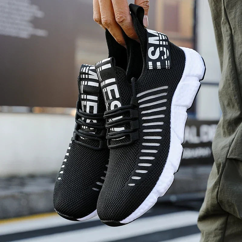 Training Sneakers EstaliosFit black breathable mesh athletic shoes with white sole pair on Tampa Home & Garden Store