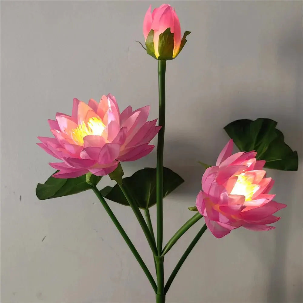 1PC Solar LED 3-Head Lotus Light Perfecsy pink blossoms on green stems outdoor waterproof on Tampa Home & Garden Store