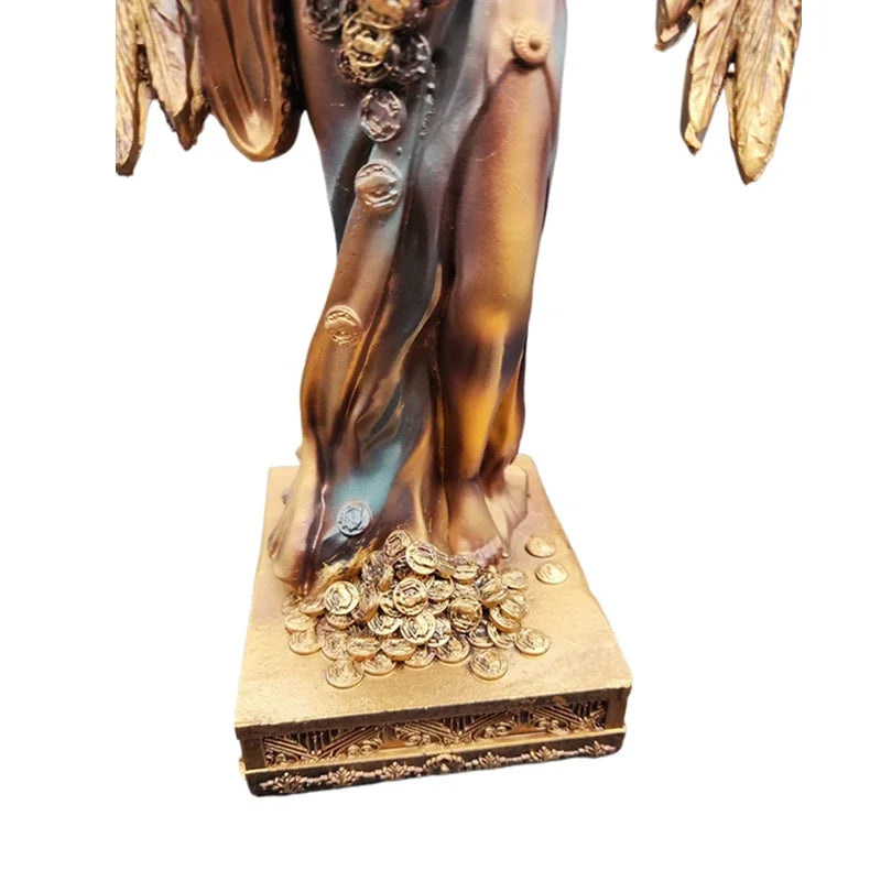 Perfecsy Greek Goddess of Wealth resin statue with gold coins around the base on Tampa Home & Garden Store