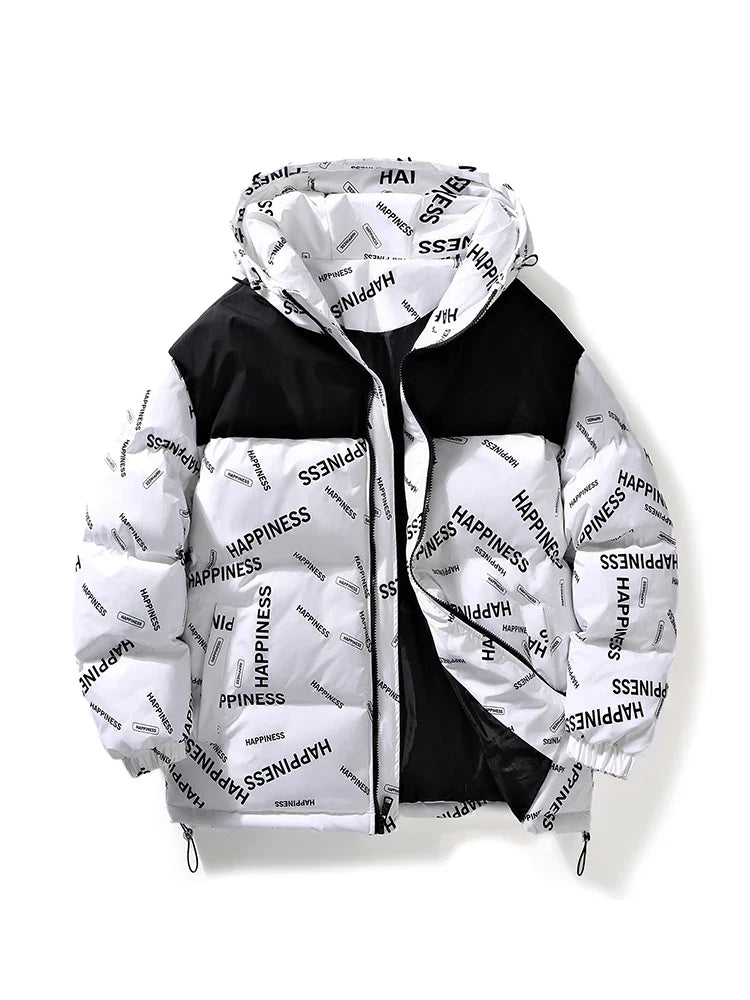 UpTrend Deals men's white padded hooded parka with black shoulder panels and HAPPINESS print on Tampa Home & Garden Store