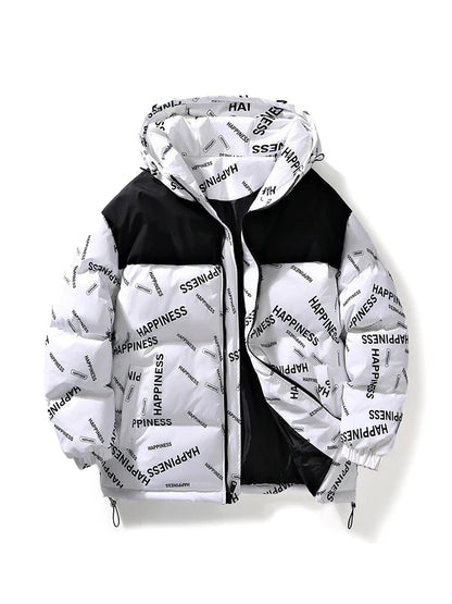 UpTrend Deals men's white padded hooded parka with black shoulder panels and HAPPINESS print on Tampa Home & Garden Store