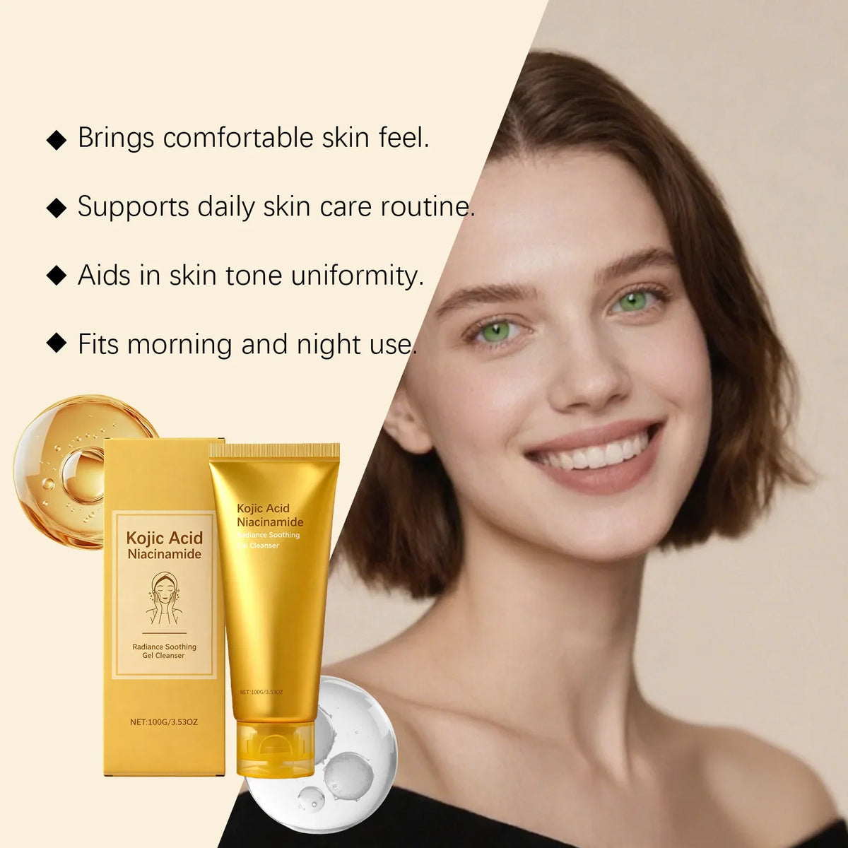 Kojic Acid Niacinamide Radiance Gel Cleanser by Silcy Skin; gold packaging beside a smiling model on Tampa Home & Garden Store