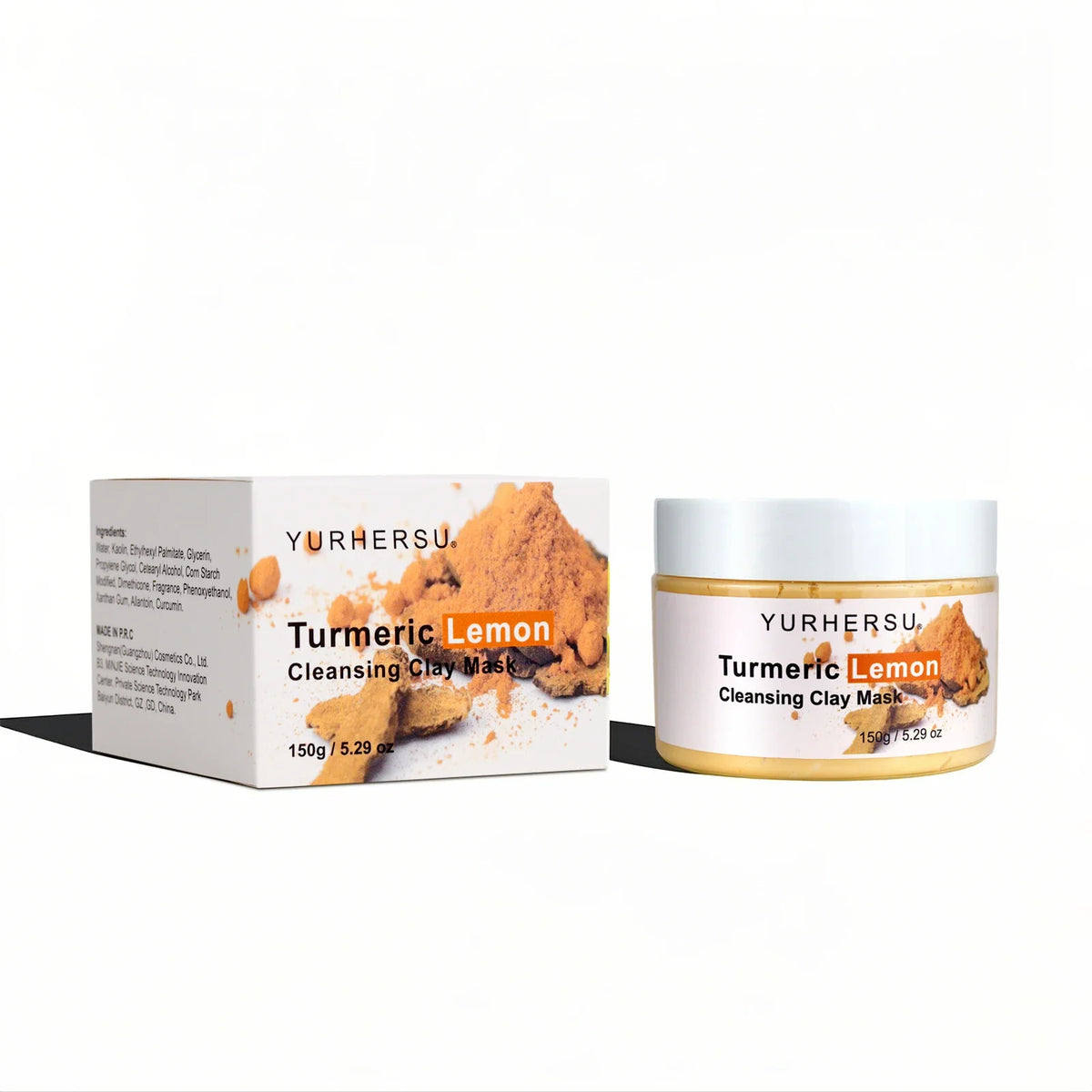 Turmeric Lemon Cleansing Clay Mask jar and box by Yurhersu with orange powder artwork on Tampa Home & Garden Store