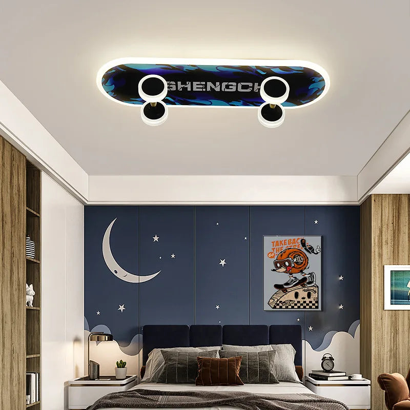 DecorBites Kids Skateboard LED Ceiling Light with blue camo deck and dual round LED modules on Tampa Home & Garden Store