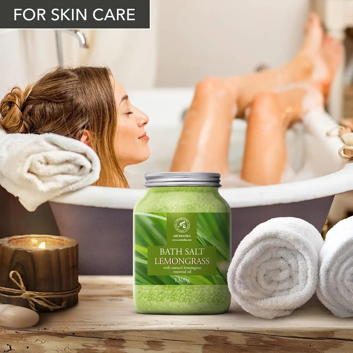 Bath Salt Lemongrass by Silcy Skin in green 46 oz jar, spa bath scene with towels on Tampa Home & Garden Store