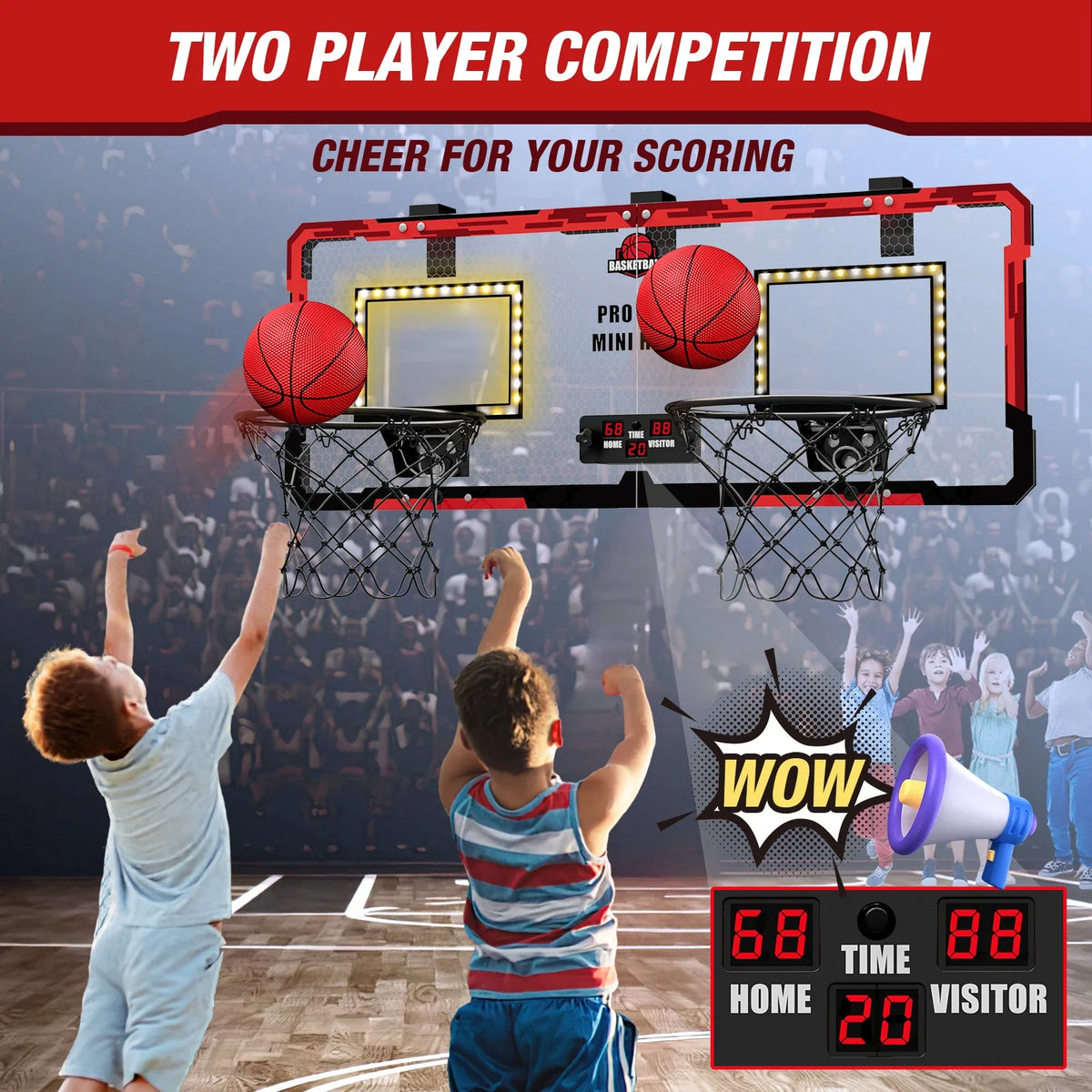 Basketball hoop set for home with double hoops, red frame, backboard panels, and scoreboard on Tampa Home & Garden Store