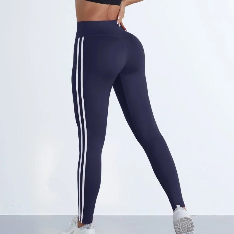Women's navy striped yoga leggings with white side stripes high waist slim fit UpTrend on Tampa Home & Garden Store