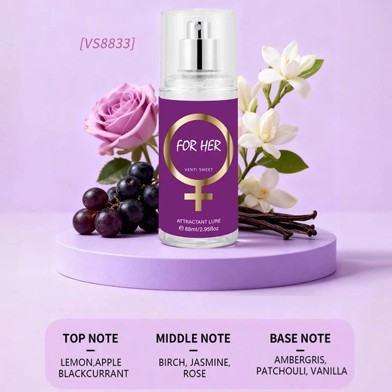Silcy Skin Pheromone perfume For Her purple label with gold symbol on pedestal with grapes on Tampa Home & Garden Store