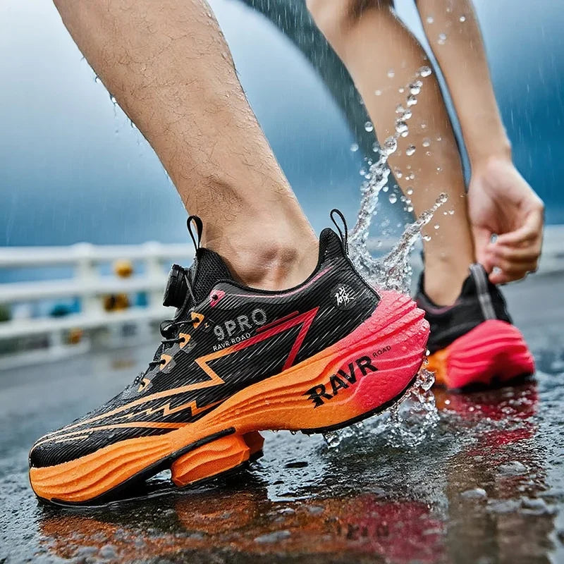 Running Shoes EstaliosFit carbon plate cushioned design pair, black upper with orange midsole on Tampa Home & Garden Store