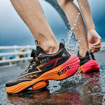 Running Shoes EstaliosFit carbon plate cushioned design pair, black upper with orange midsole on Tampa Home & Garden Store