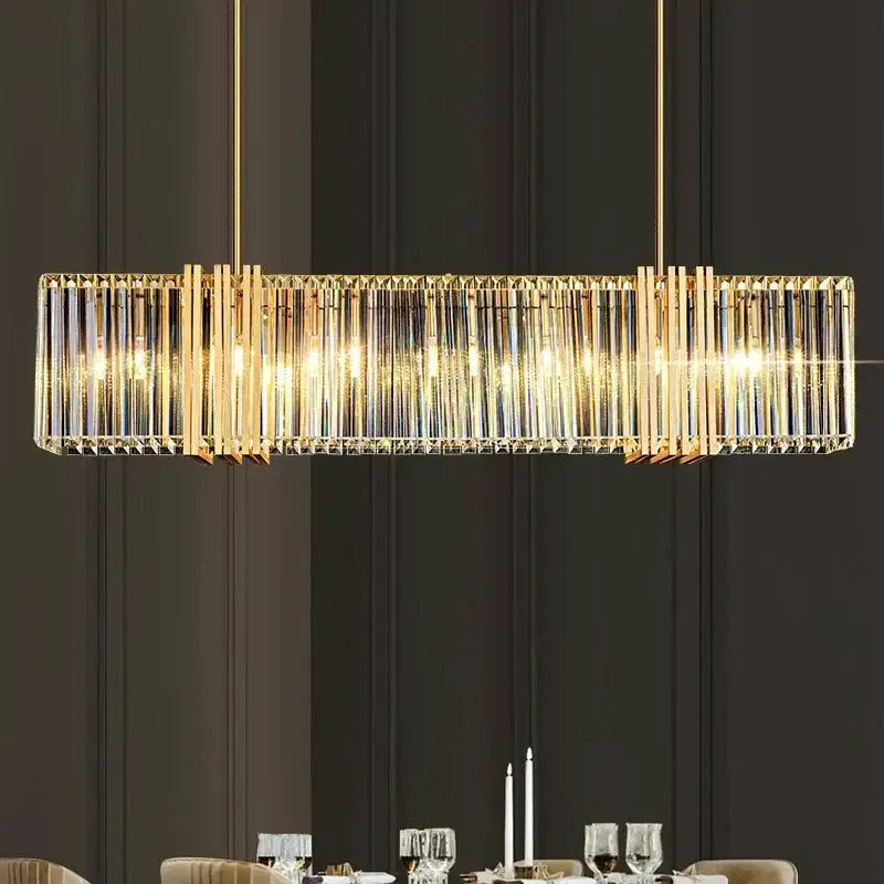 DecorBites Luxe E14 LED Crystal Pendant Chandelier with gold finish and rectangular prisms on Tampa Home & Garden Store