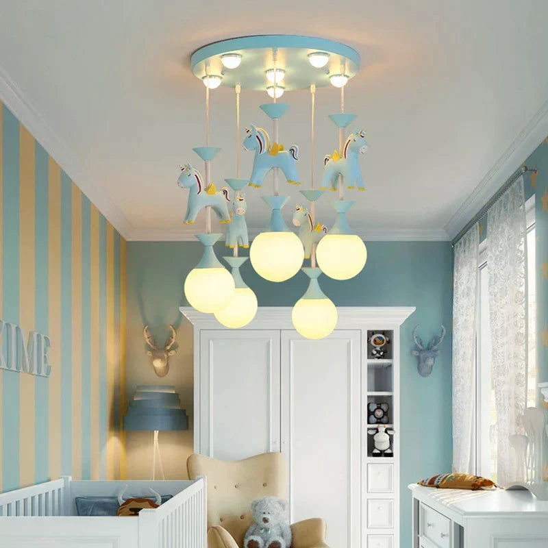 DecorBites Kids Dream Carousel Chandelier with blue pastel horse pendants and globe bulbs on Tampa Home & Garden Store