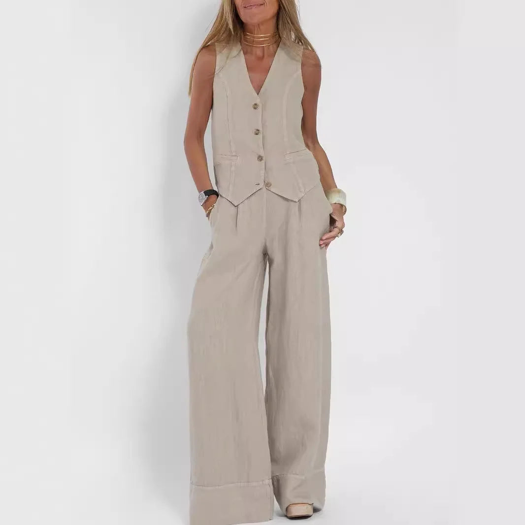 Women sleeveless beige vest with front buttons and matching wide-leg pants suit set on Tampa Home & Garden Store