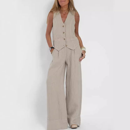 Women sleeveless beige vest with front buttons and matching wide-leg pants suit set on Tampa Home & Garden Store