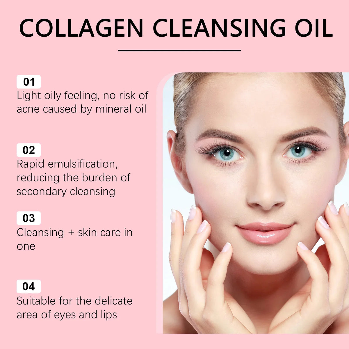 Collagen Cleansing Oil Silcy Skin with jojoba oil, pink layout featuring a model's face on Tampa Home & Garden Store