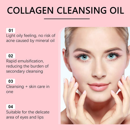 Collagen Cleansing Oil Silcy Skin with jojoba oil, pink layout featuring a model's face on Tampa Home & Garden Store