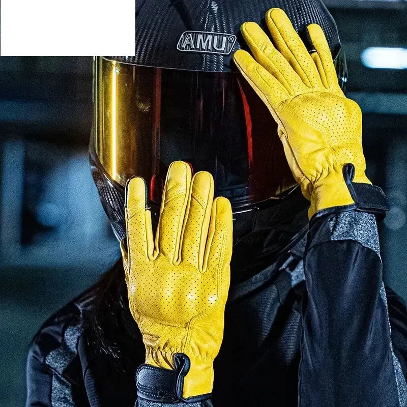 Vintage Leather Motorcycle Gloves yellow perforated touchscreen pro by BikerZoneZ 2 gloves on Tampa Home & Garden Store