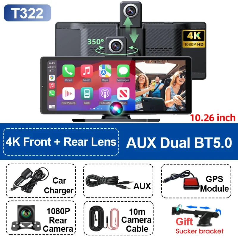 Car stereo 10.26-inch wireless CarPlay screen with 4K front/rear dash cam and GPS module on Tampa Home & Garden Store