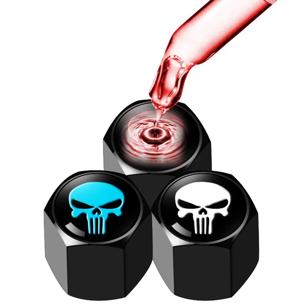 Anti-Theft Skull Valve Stem Caps set of 3, black caps with blue and white skull logos, BikerZoneZ on Tampa Home & Garden Store