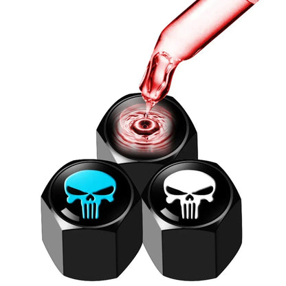 Anti-Theft Skull Valve Stem Caps set of 3, black caps with blue and white skull logos, BikerZoneZ on Tampa Home & Garden Store