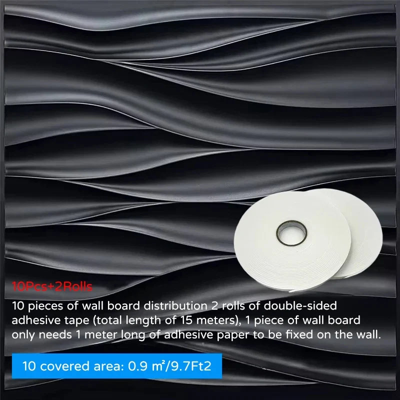 10Pcs 30x30cm 3D wave wall panels by Perfecsy with adhesive tape black gray decor tile set on Tampa Home & Garden Store