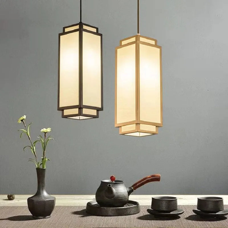 Perfecsy lantern-style pendant lights with fabric shade, pair in dark wood finishes on Tampa Home & Garden Store