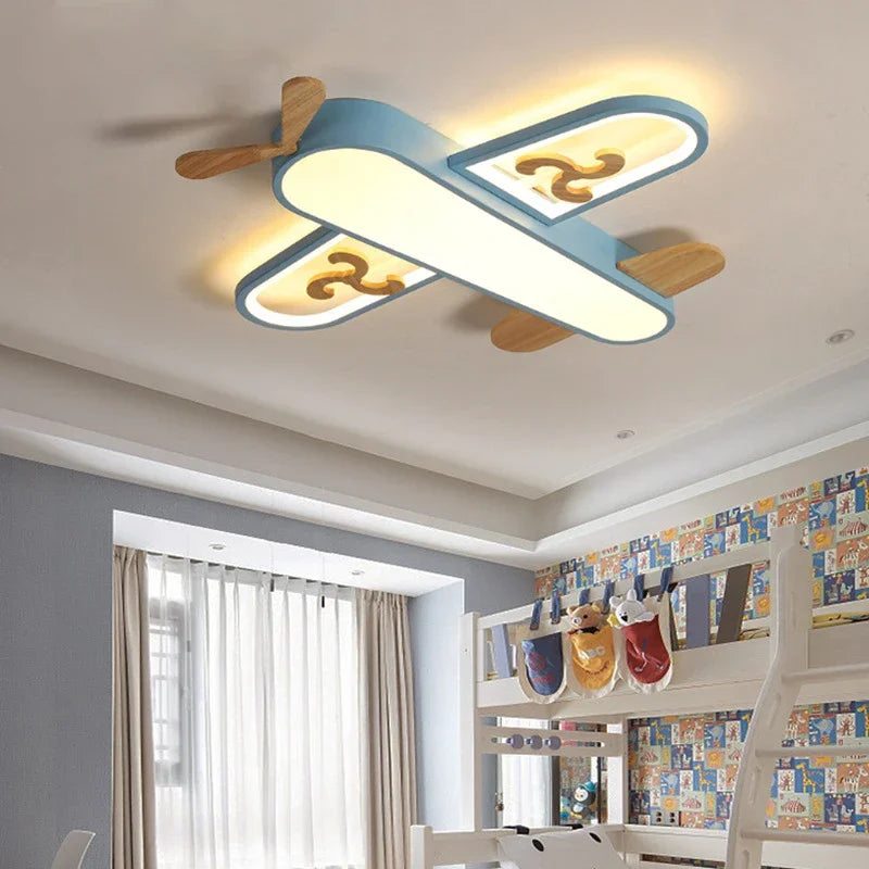 DecorBites Kids LED wood ceiling light airplane in yellow and blue with wooden propellers on Tampa Home & Garden Store