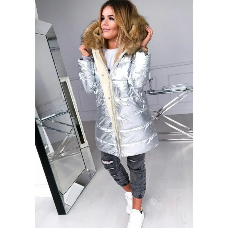 Women's Puffer Jacket with faux fur collar in silver metallic by UpTrend Deals on Tampa Home & Garden Store