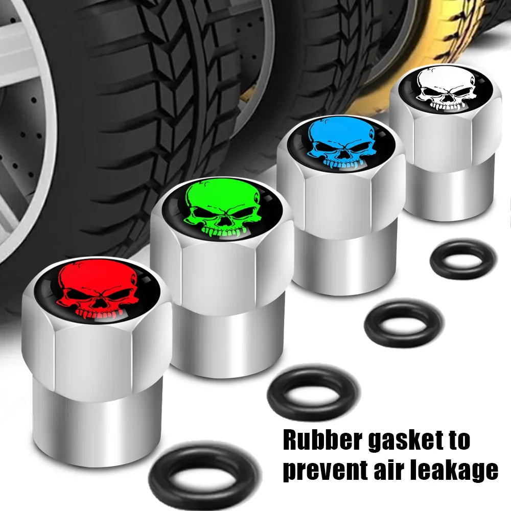 4Pcs valve stem caps set by BikerZoneZ with skull-top caps in red green blue white gaskets on Tampa Home & Garden Store