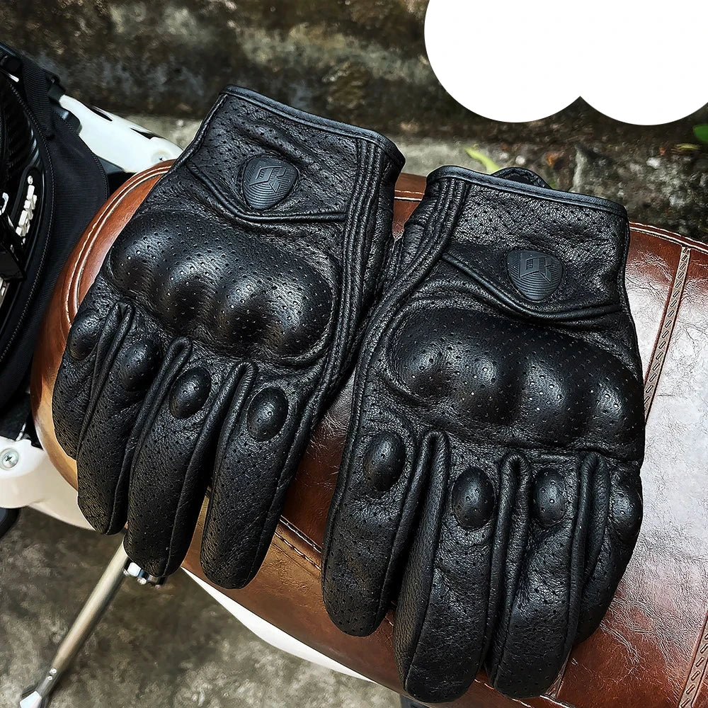 Motorcycle Retro Leather Gloves by BikerZoneZ, black perforated leather with knuckle curves, on Tampa Home & Garden Store