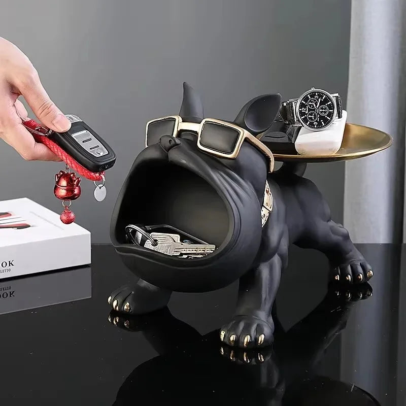 Perfecsy resin bulldog key holder statue with zinc alloy tray on black desk on Tampa Home & Garden Store