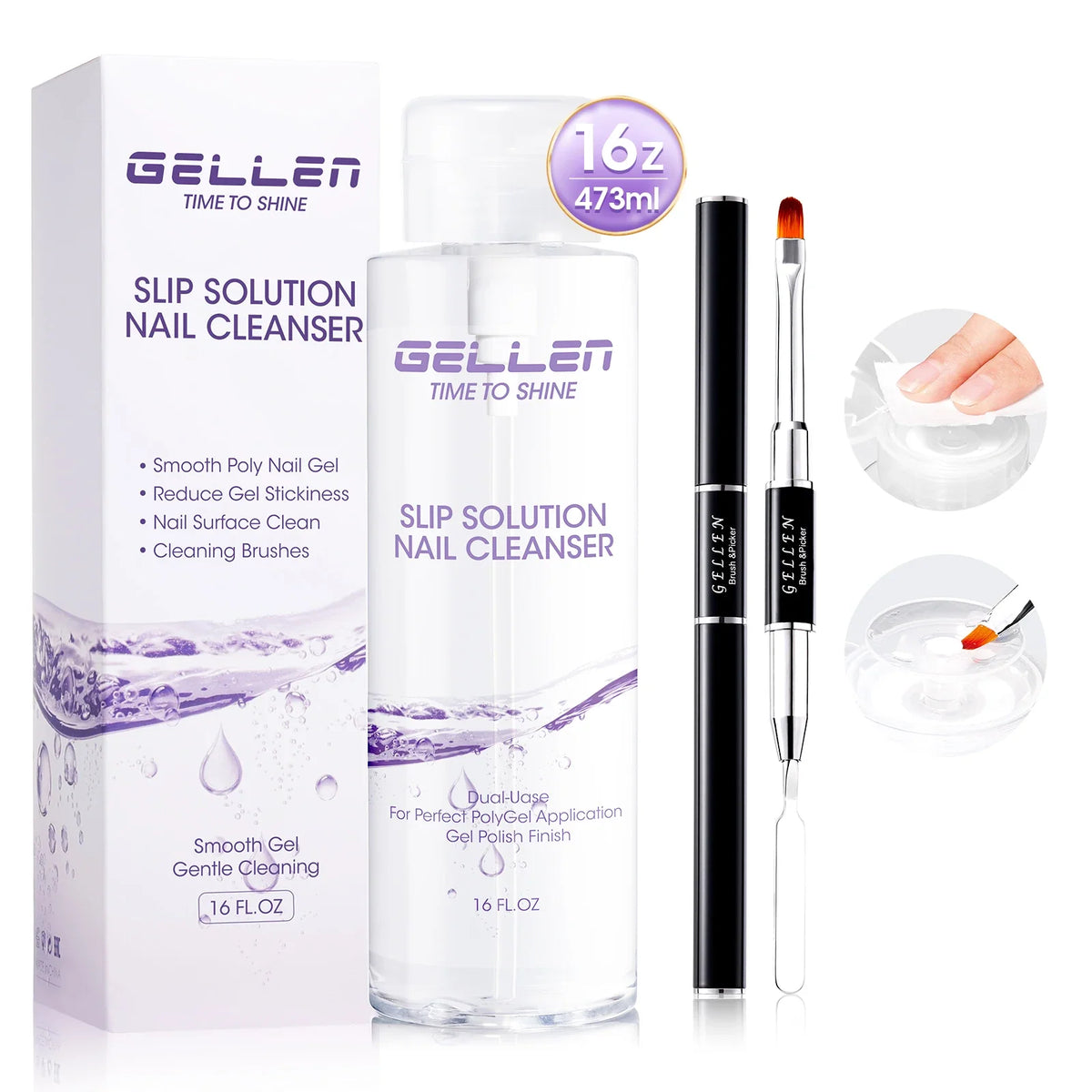 GELLEN Slip Solution Nail Cleanser 16 oz bottle with dual-use PolyGel application, box and brushes on Tampa Home & Garden Store