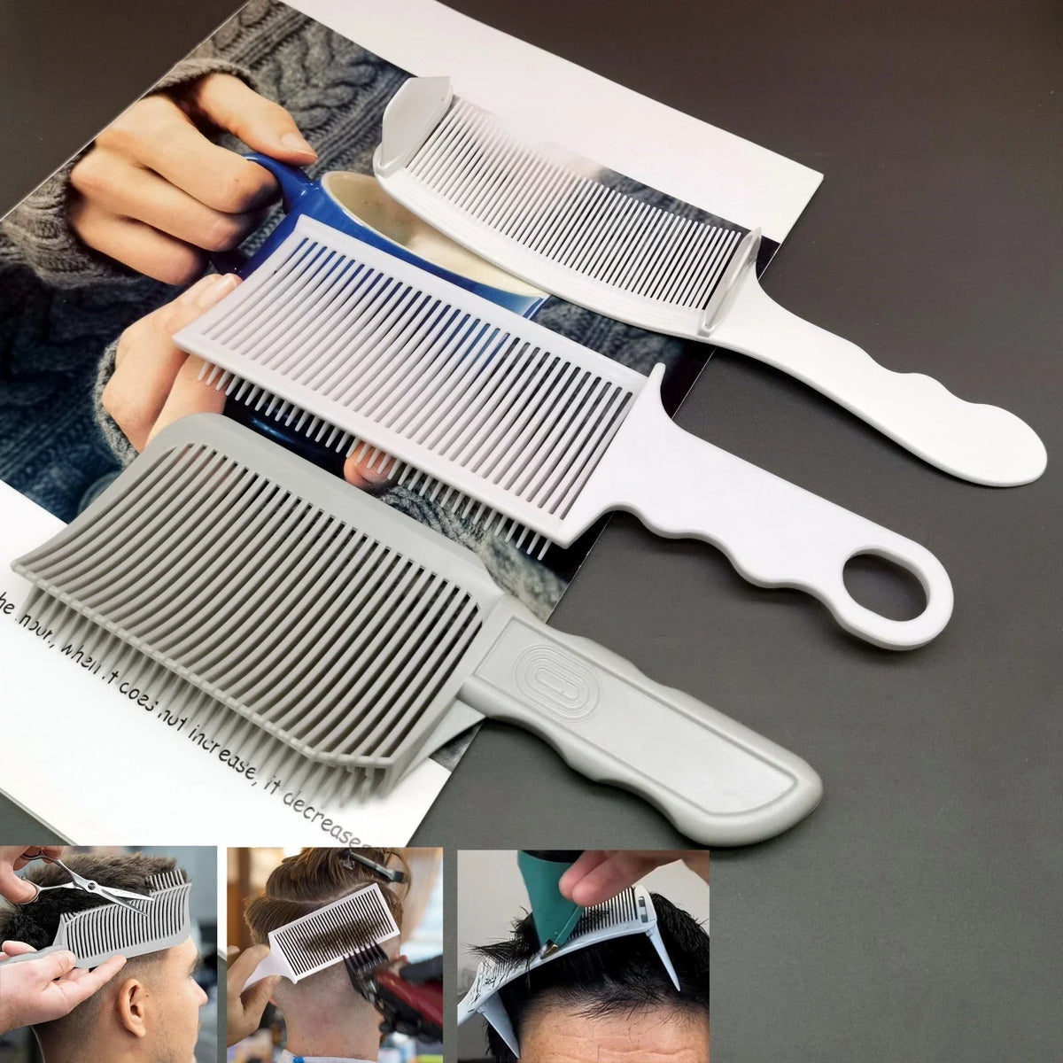 3-piece barber fade comb kit with flat-top/wide-tooth white-gray plastic combs and ergonomic handles on Tampa Home & Garden Store