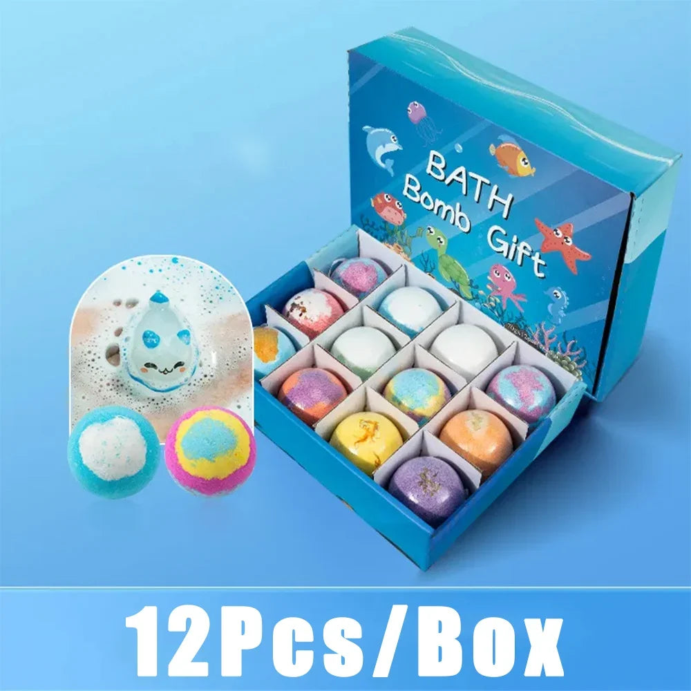 Kids Ocean Bath Salt Set by Silcy Skin, 12 colorful bath bombs in a blue gift box on Tampa Home & Garden Store