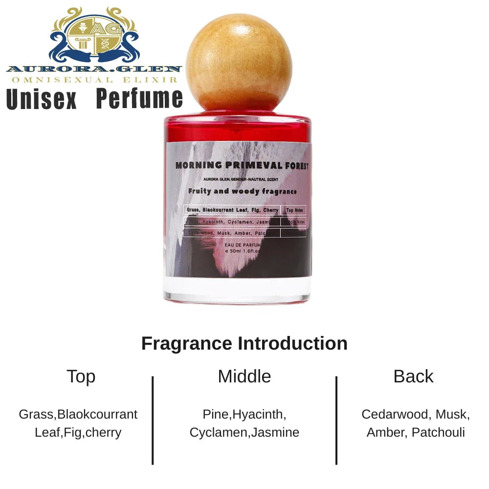 Unisex perfume bottle with red liquid and wooden spherical cap, Aurora Glen logo on Tampa Home & Garden Store