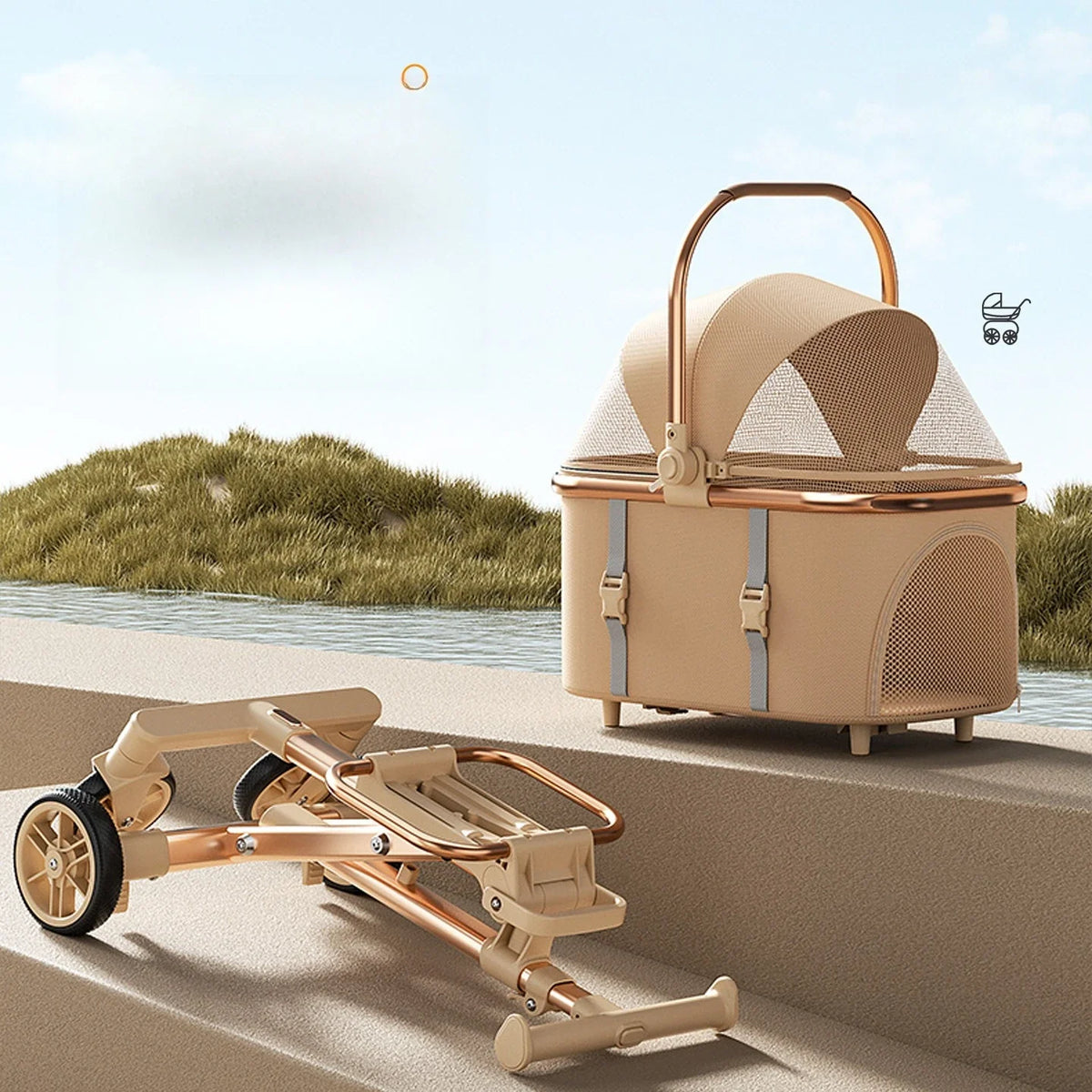 Pet Zen 3-in-1 pet stroller with detachable carrier, beige rose-gold frame for pets up to 20 lbs on Tampa Home & Garden Store