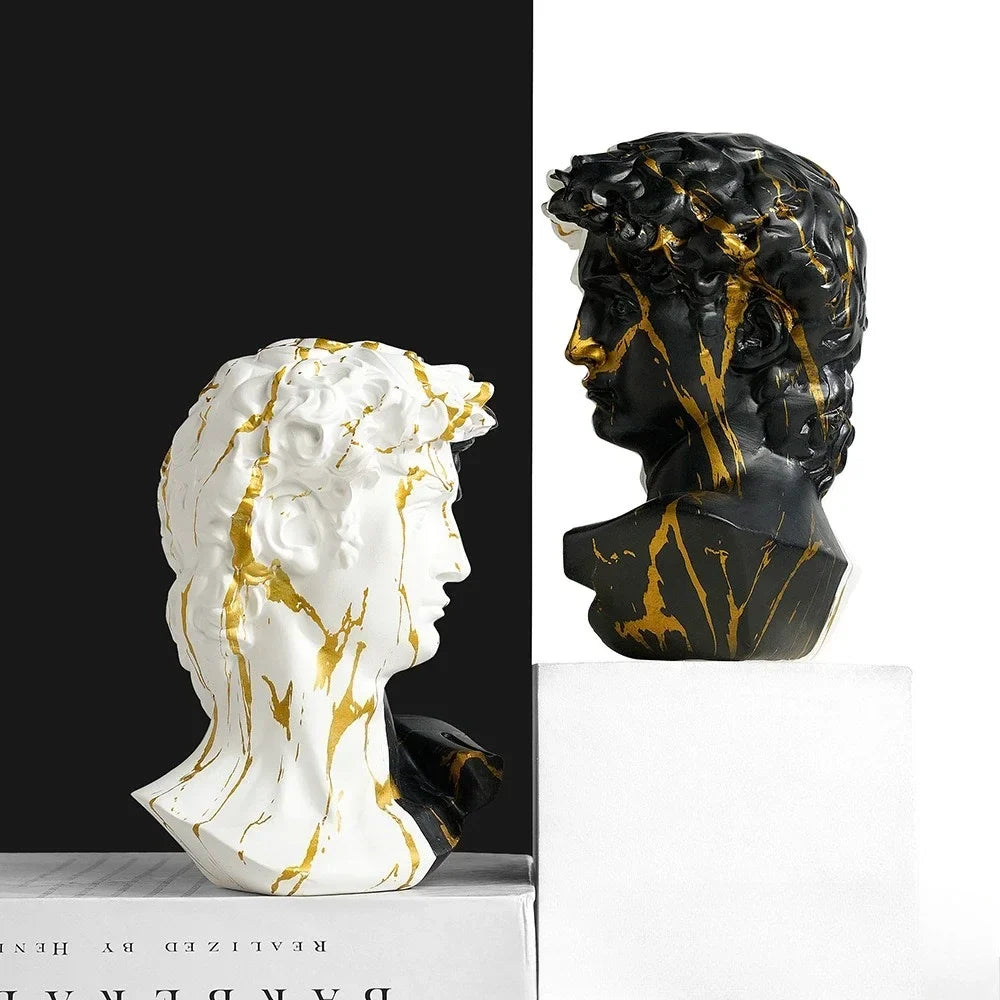 David bust resin sculpture pair, white and black with gold veining, 15cm Perfecsy decor on Tampa Home & Garden Store