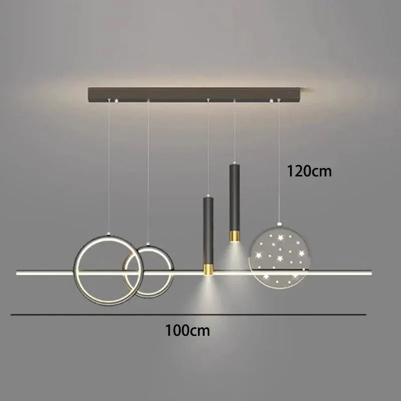 DecorBites LED pendant chandelier with geometric rings and black cylinders starry disk accents on Tampa Home & Garden Store