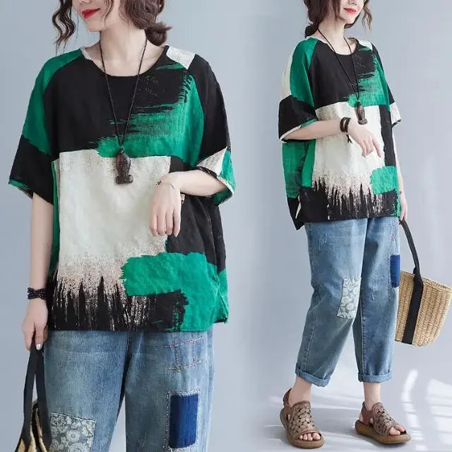 Women Summer T-shirt retro loose cotton linen short sleeve top green black cream print on Tampa Home & Garden Store