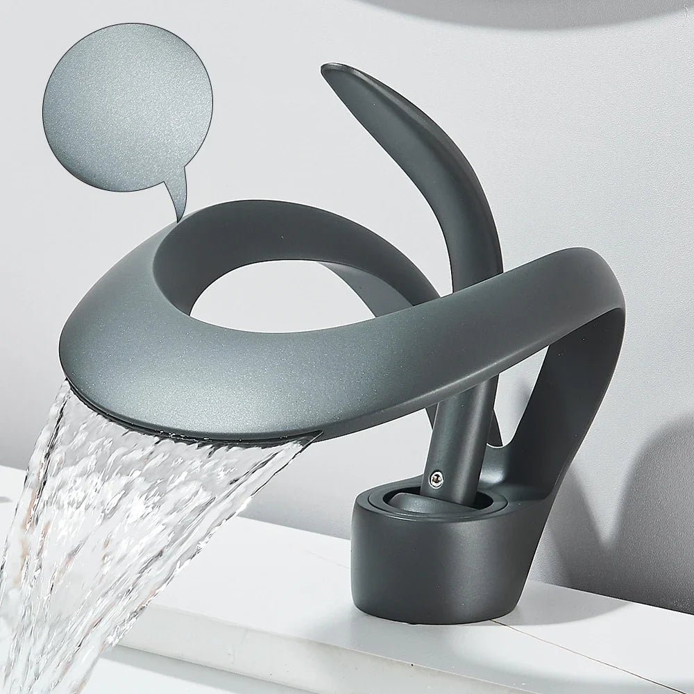 Solid brass waterfall basin faucet, single-handle matte gray Silcy Skin mixer tap on Tampa Home & Garden Store